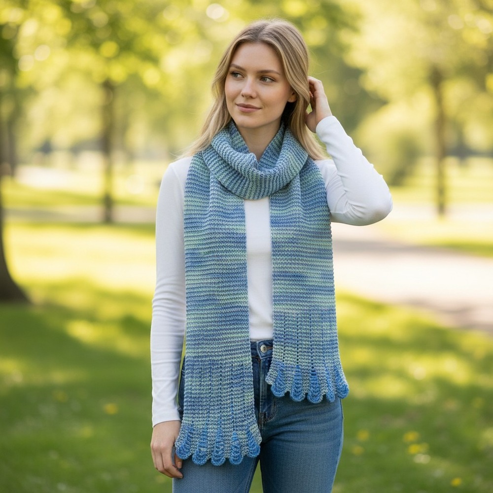 Handcrafted Scarf Women OS Blue Crochet Beaded Scallop Winter Warm Cozy Boho
